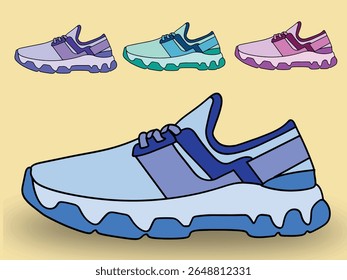  Concept of fashion shoes. Vector illustration, Shoes Sneakers Vector, running shoe vector illustration, shoe isolated, casual shoes hand-drawn collection full color