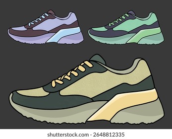  Concept of fashion shoes. Vector illustration, Shoes Sneakers Vector, running shoe vector illustration, shoe isolated, casual shoes hand-drawn collection full color
