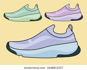  Concept of fashion shoes. Vector illustration, Shoes Sneakers Vector, running shoe vector illustration, shoe isolated, casual shoes hand-drawn collection full color