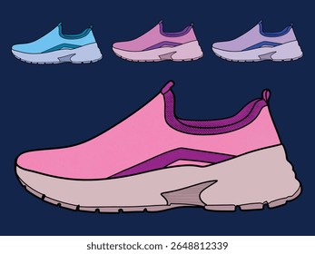  Concept of fashion shoes. Vector illustration, Shoes Sneakers Vector, running shoe vector illustration, shoe isolated, casual shoes hand-drawn collection full color