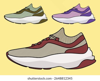  Concept of fashion shoes. Vector illustration, Shoes Sneakers Vector, running shoe vector illustration, shoe isolated, casual shoes hand-drawn collection full color