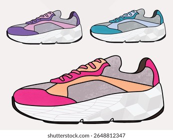  Concept of fashion shoes. Vector illustration, Shoes Sneakers Vector, running shoe vector illustration, shoe isolated, casual shoes hand-drawn collection full color
