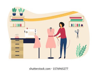 The concept of a fashion studio. A seamstress woman sews an elegant dress to order with a needle and thread. Workplace of designer, mannequin, sewing machine, centimeter, scissors. Flat vector illistr