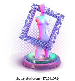 Concept of fashionable fashion studio, photo studio, couturier, fashion designer, design. Trendy neon multicolor composition. Vector 3d female mannequin on a podium standing in a baguette frame.