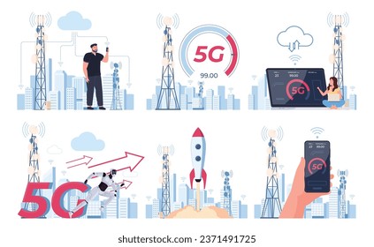 El concepto de conexión rápida a Internet 5G Una manera rápida y conveniente de transferir datos. La gente usa internet rápido. Ilustración del vector