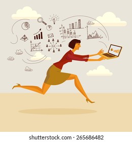 Concept of fast business with running businesswoman.Vector,Illustration.