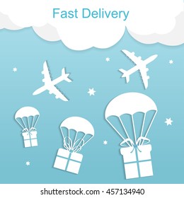 Concept of the fast delivery airplane with gift boxes. Flat vector illustration.