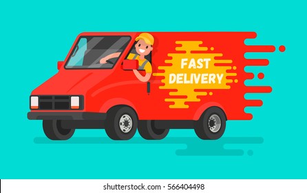 Concept of  fast delivery of goods. The driver of the truck in a hurry to deliver the order. Vector illustration in a flat style