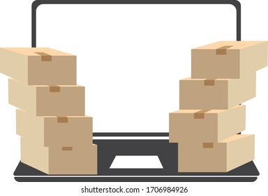 Concept for fast delivery online delivery service .Laptop with many cardboard Boxes Isolated on White Background.Vector design.