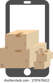 Concept for fast delivery online delivery service .Mobile phone, cell phone with many cardboard Boxes Isolated on White Background.Vector design.
