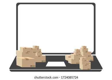 Concept for fast delivery online delivery service .Laptop with many cardboard Boxes Isolated on White Background.Vector design.