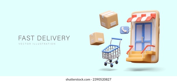 Concept of fast delivery. Realistic smartphone with doors to store, trolley, and composition of boxes. Vector illustration in 3D style with blue background and place for text