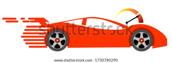 Concept of fast delivery. Red speed car and\
speedometer. Logo design template for speedy delivery or faster\
taxi company. Vector\
illustration.