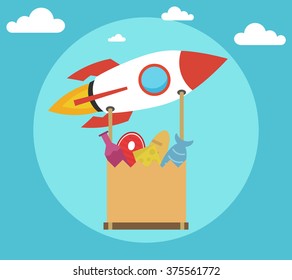 Concept of the fast delivery rocket with the grocery package. Flat vector illustration.