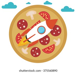 Concept of the fast delivery rocket with the pizza on background. Flat vector illustration.