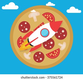 Concept of the fast delivery rocket with the pizza on background. Flat vector illustration.
