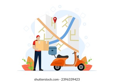 Concept of fast delivery with scooter on mobile phone, Order parcels in E-commerce with app, Courier tracking with map app, Flat Vector illustration on white background.