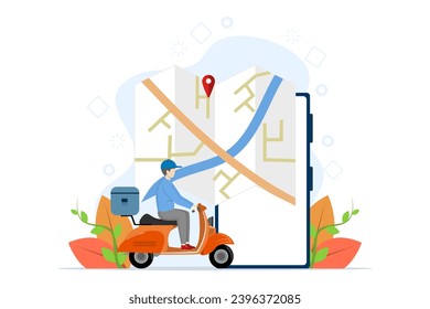 Concept of fast delivery with scooter on mobile phone, Order parcels in E-commerce with app, Courier tracking with map app, Flat Vector illustration on white background.