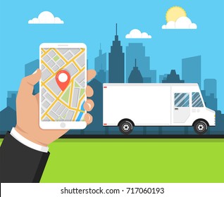 Concept of the fast delivery service. Delivery service app on mobile phone. Flat vector illustration.