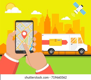 Concept of the fast delivery service. Delivery service app on mobile phone. Flat vector illustration.