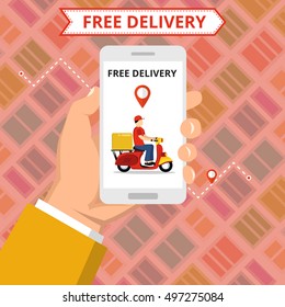 Concept of the fast delivery service. Hand holding smartphone with scooter or motorbike on the screen. Flat vector illustration.