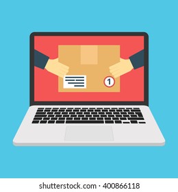 Concept of the fast delivery service. Hands holding a box. Flat vector illustration.