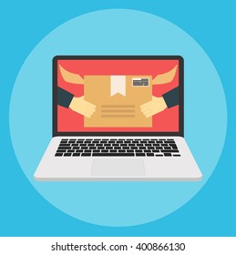 Concept of the fast delivery service. Hands holding a box. Flat vector illustration.