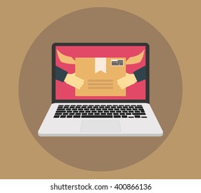 Concept of the fast delivery service. Hands holding a box. Flat vector illustration.