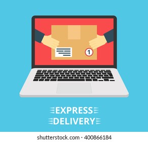 Concept of the fast delivery service. Hands holding a box. Flat vector illustration.