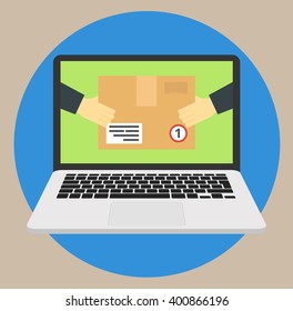 Concept of the fast delivery service. Hands holding a box. Flat vector illustration.