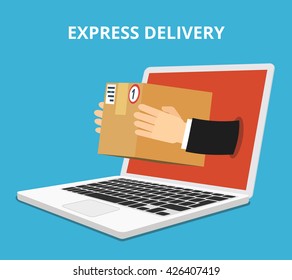 Concept of the fast delivery service. Hands from the laptop holding a box. Flat vector illustration.