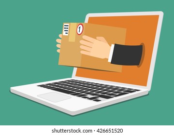 Concept of the fast delivery service. Hands from the laptop holding a box. Flat vector illustration.