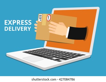 Concept of the fast delivery service. Hands from the laptop holding a box. Flat vector illustration.