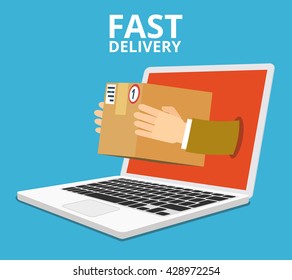 Concept of the fast delivery service. Hands from the laptop holding a box. Flat vector illustration.