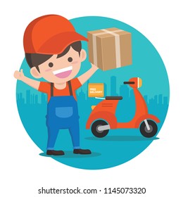 Concept of the fast delivery service on scooter or motorbike. Flat vector illustration.