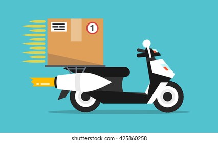 Concept of the fast delivery service on scooter or motorbike. Flat vector illustration.