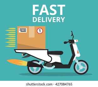 Concept of the fast delivery service on scooter or motorbike. Flat vector illustration.