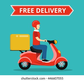 Concept of the fast delivery service on scooter or motorbike. Flat vector illustration.