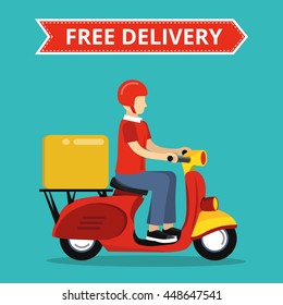 Concept of the fast delivery service on scooter or motorbike. Flat vector illustration.