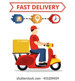 Concept of the fast delivery service on scooter or motorbike. Flat vector illustration.