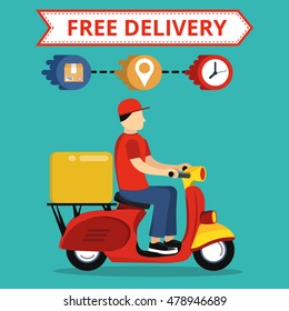 Concept of the fast delivery service on scooter or motorbike. Flat vector illustration.