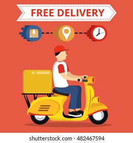 Concept of the fast delivery service on scooter or motorbike. Flat vector illustration.