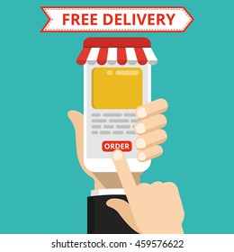 Concept of the fast delivery service. Online order. Flat vector illustration.