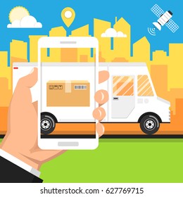 Concept of the fast delivery service. Online order. Flat vector illustration.