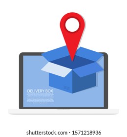 A concept for fast delivery service. Package box with red pin on a laptop screen. Isometric illustration vector.