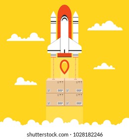 Concept of the fast delivery service. Rocket with the cardboard boxes. Vector illustration.