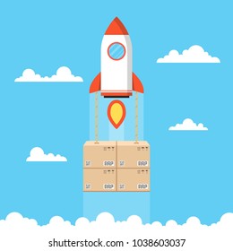 Concept of the fast delivery service. Rocket with the cardboard boxes. Vector illustration.