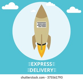 Concept of the fast delivery service with rocket. Flat vector illustration.