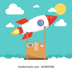 Concept of the fast delivery service. Rocket with the box. Flat vector illustration.