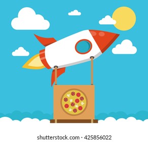 Concept of the fast delivery service. Rocket with the pizza box. Flat vector illustration.